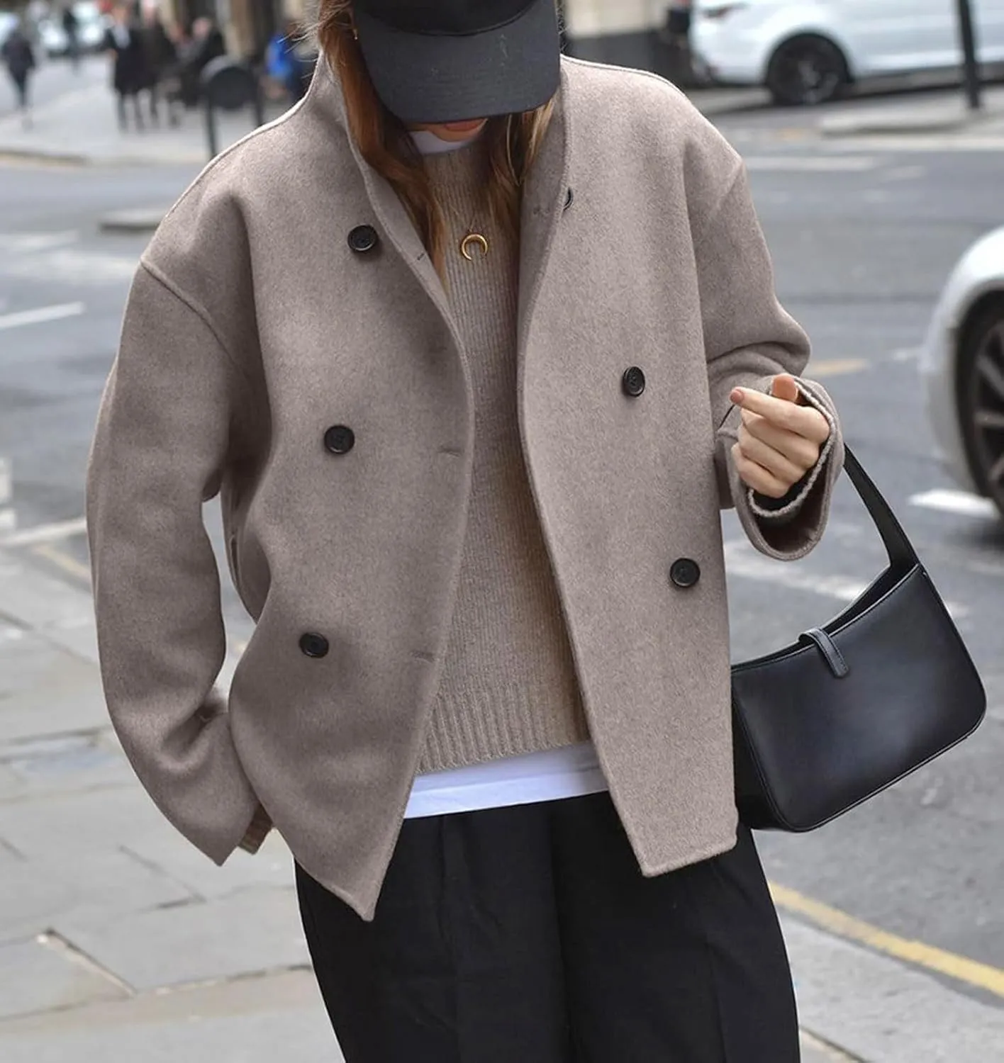 CHARTOU Women Winter Stand Collar Wool Blend Jacket Double Breasted Pea Coat Button Cropped Trench Coat Overcoat