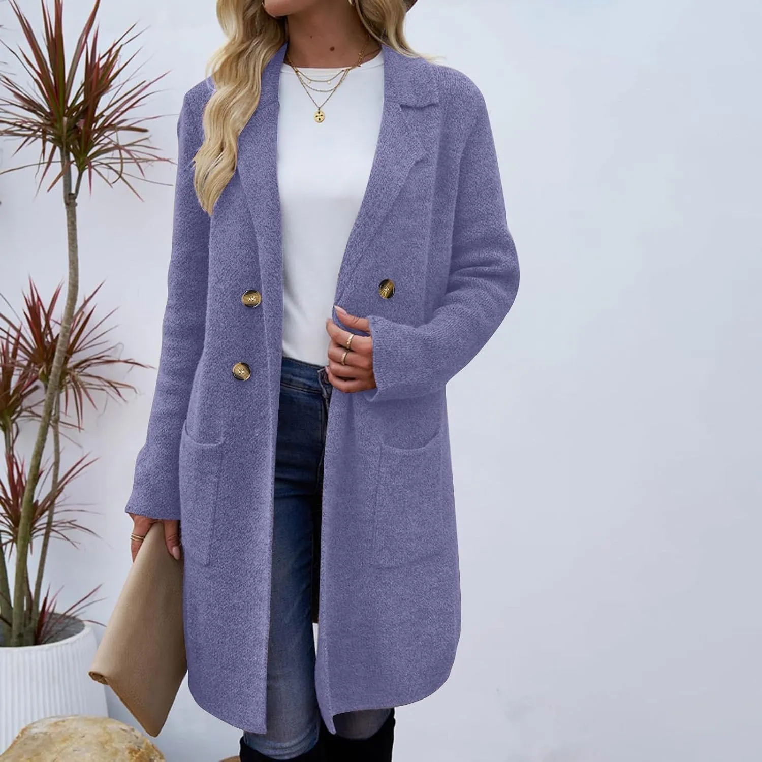 Coatigan for Women Wool Blend Pea Coats Double Breasted Oversized Blazer Knit Open Front Cardigan Sweater with Pocket