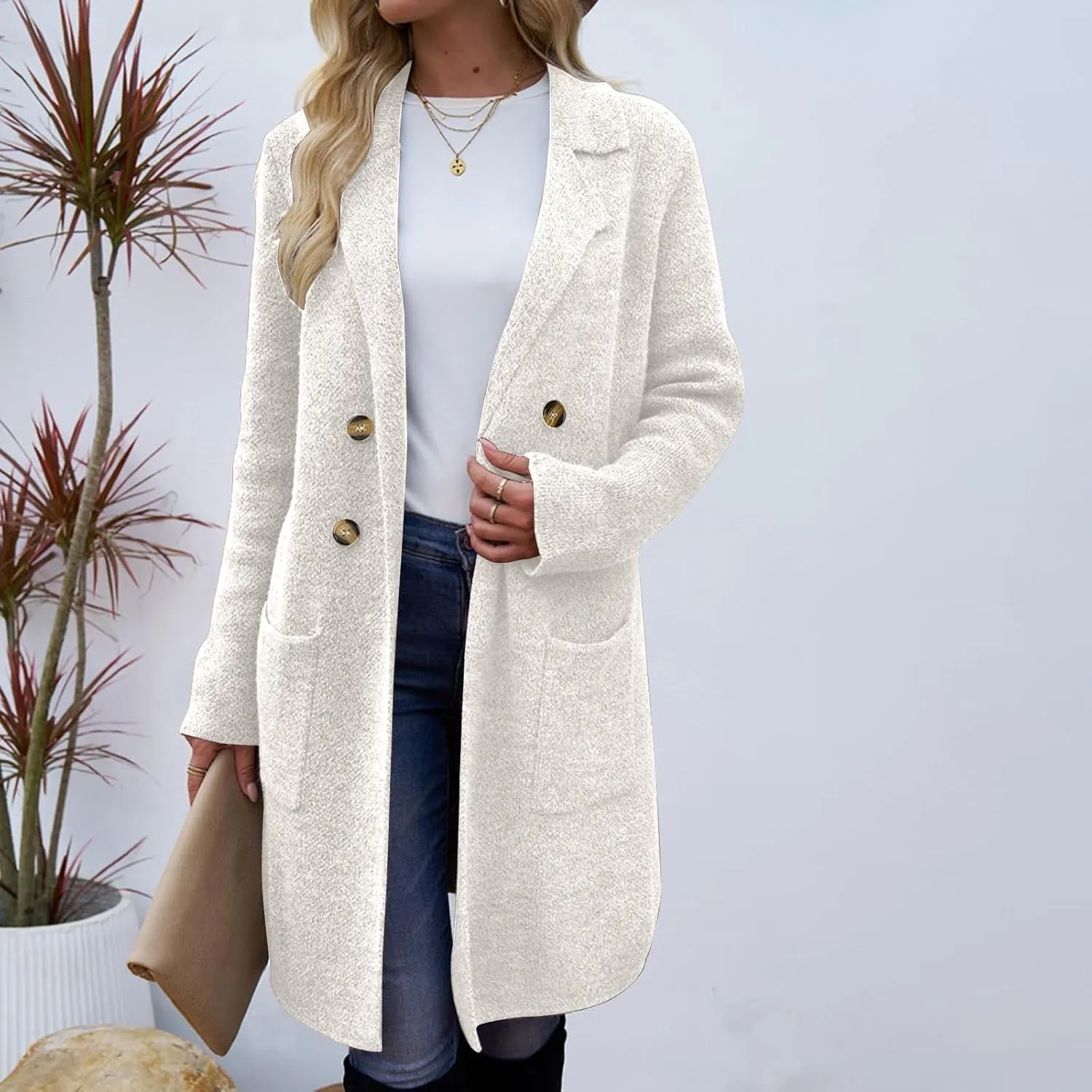 Coatigan for Women Wool Blend Pea Coats Double Breasted Oversized Blazer Knit Open Front Cardigan Sweater with Pocket