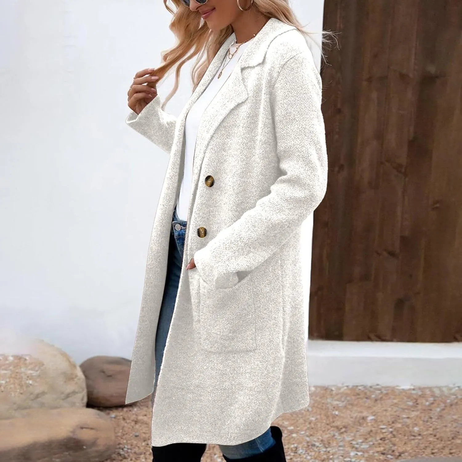 Coatigan for Women Wool Blend Pea Coats Double Breasted Oversized Blazer Knit Open Front Cardigan Sweater with Pocket