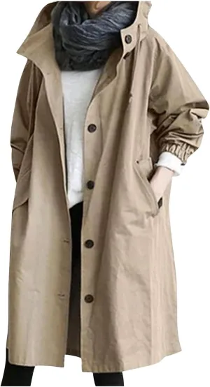 COTECRAM Women's Trench Jackets Plus Size Casual Long Rain Jacket Fashion Winter Hooded Oversized Windbreaker Coats Outerwear