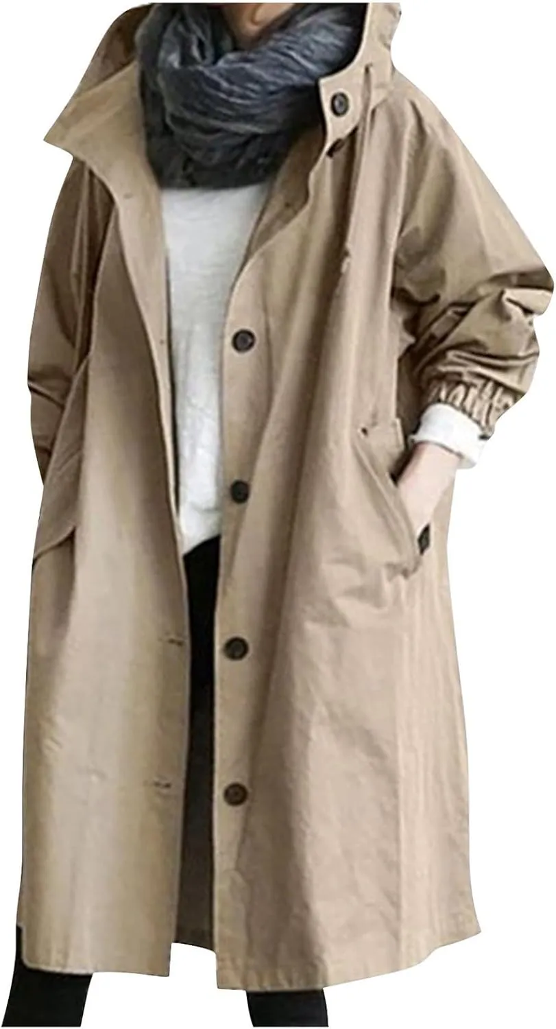 COTECRAM Women's Trench Jackets Plus Size Casual Long Rain Jacket Fashion Winter Hooded Oversized Windbreaker Coats Outerwear