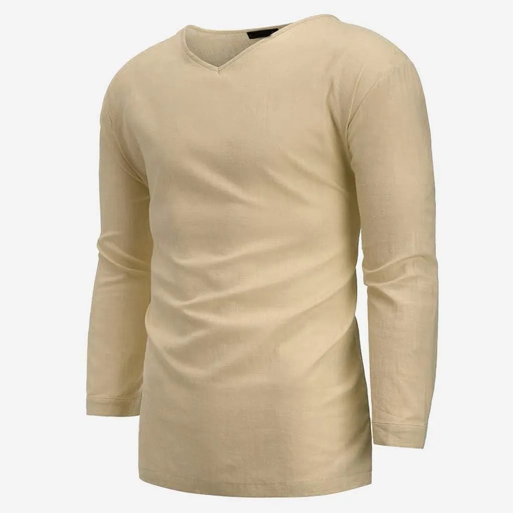 Cotton Linen T-Shirts for Men Stylish 3/4 Sleeve V Neck Casual Summer Tops Lightweight Quick Dry Loose Beach Shirts