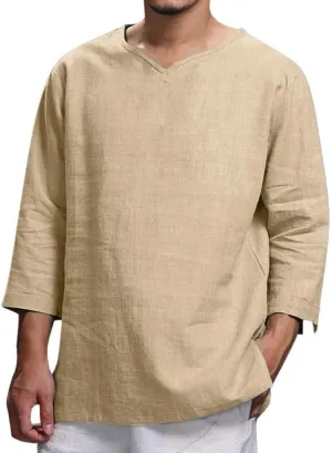 Cotton Linen T-Shirts for Men Stylish 3/4 Sleeve V Neck Casual Summer Tops Lightweight Quick Dry Loose Beach Shirts