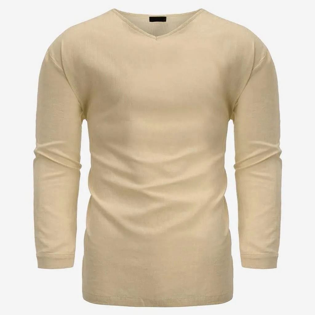 Cotton Linen T-Shirts for Men Stylish 3/4 Sleeve V Neck Casual Summer Tops Lightweight Quick Dry Loose Beach Shirts