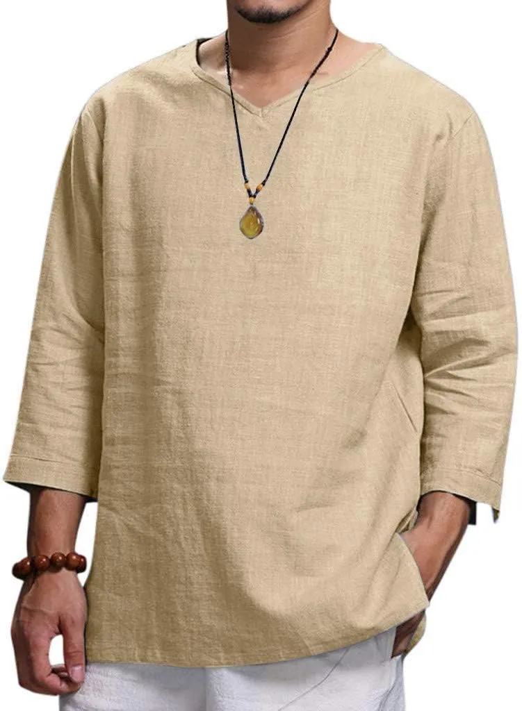 Cotton Linen T-Shirts for Men Stylish 3/4 Sleeve V Neck Casual Summer Tops Lightweight Quick Dry Loose Beach Shirts