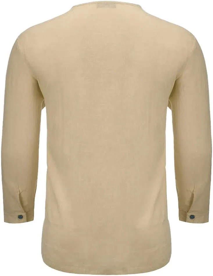 Cotton Linen T-Shirts for Men Stylish 3/4 Sleeve V Neck Casual Summer Tops Lightweight Quick Dry Loose Beach Shirts
