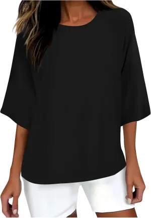 Cotton Tshirts for Women Casual Linen Tops Loose Fit Half Sleeve Plain Shirts Soft Crewneck Summer Cotton Linen Tops