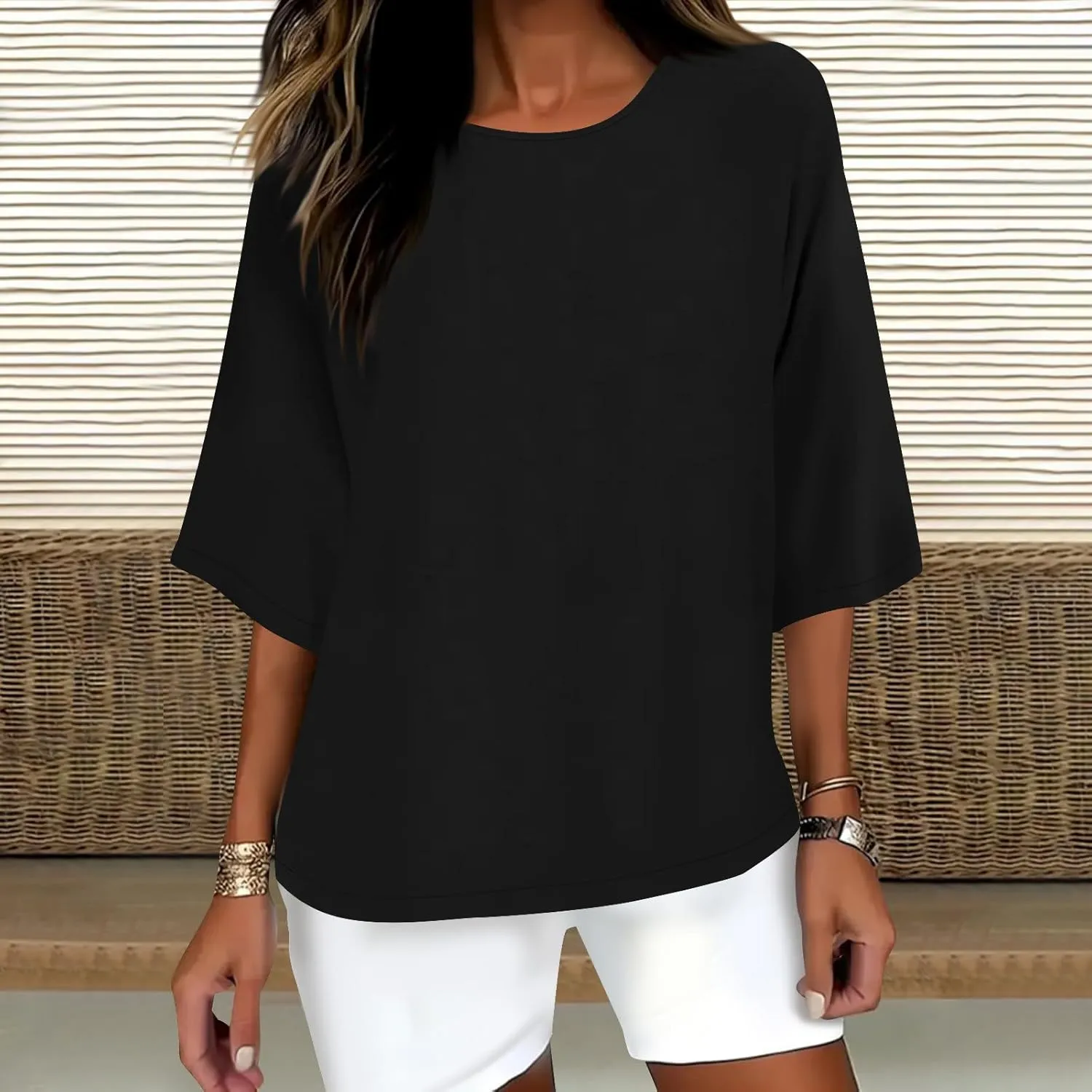 Cotton Tshirts for Women Casual Linen Tops Loose Fit Half Sleeve Plain Shirts Soft Crewneck Summer Cotton Linen Tops