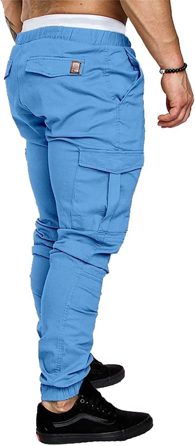 CRNTCEM Mens Skinny Fit Cargo Pants Twill Casual Athletic Joggers Drawstring Combat Tactical Track Pants Stretch Workout Pant
