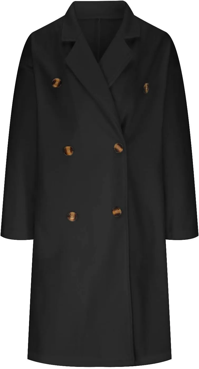fartey Womens Trench Coats 2024 Fall Casual Notch Lapel Single-Breasted Wool Coats Winter Warm Wool Blend Pea Coats