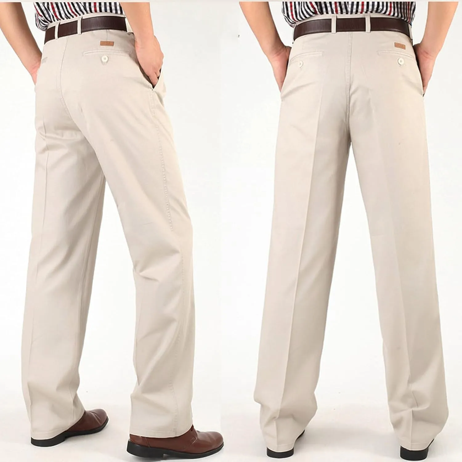 Finelylove Chino Pants Men Pleated Front Twill Dress Pants Loose Fit Flex Business Work Pants Straight Leg Trousers