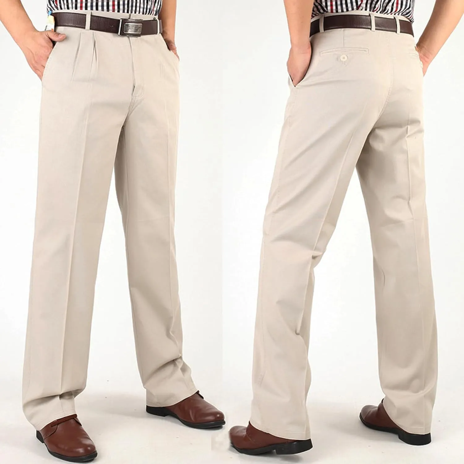 Finelylove Chino Pants Men Pleated Front Twill Dress Pants Loose Fit Flex Business Work Pants Straight Leg Trousers