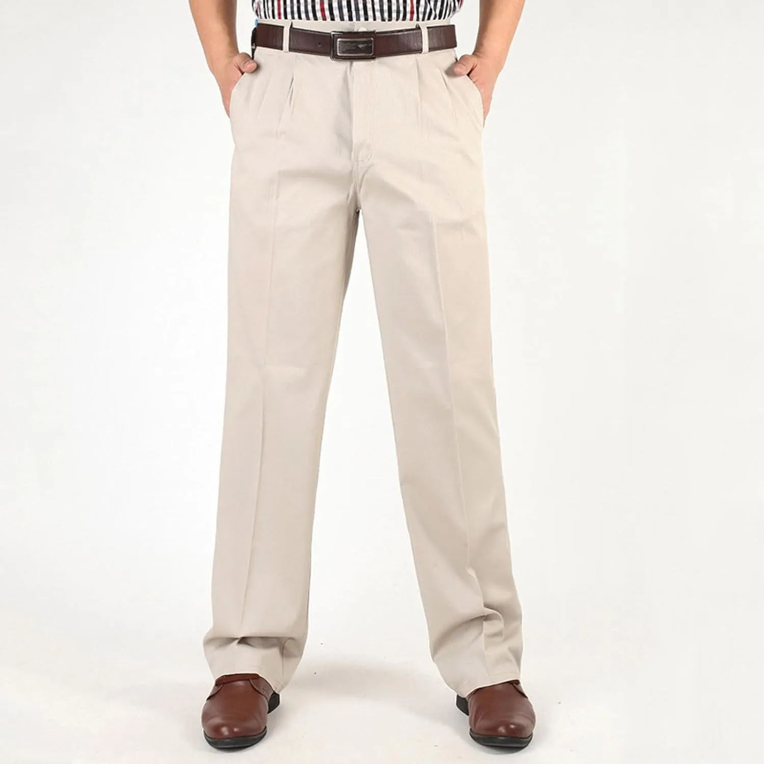 Finelylove Chino Pants Men Pleated Front Twill Dress Pants Loose Fit Flex Business Work Pants Straight Leg Trousers