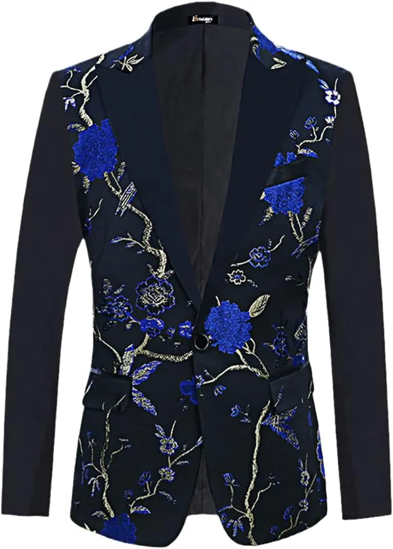 Floral Bird Embroidery Dress Blazers Men Slim Fit Tuxedo Suit Jacket Party Wedding Dinner