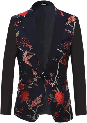 Floral Bird Embroidery Dress Blazers Men Slim Fit Tuxedo Suit Jacket Party Wedding Dinner