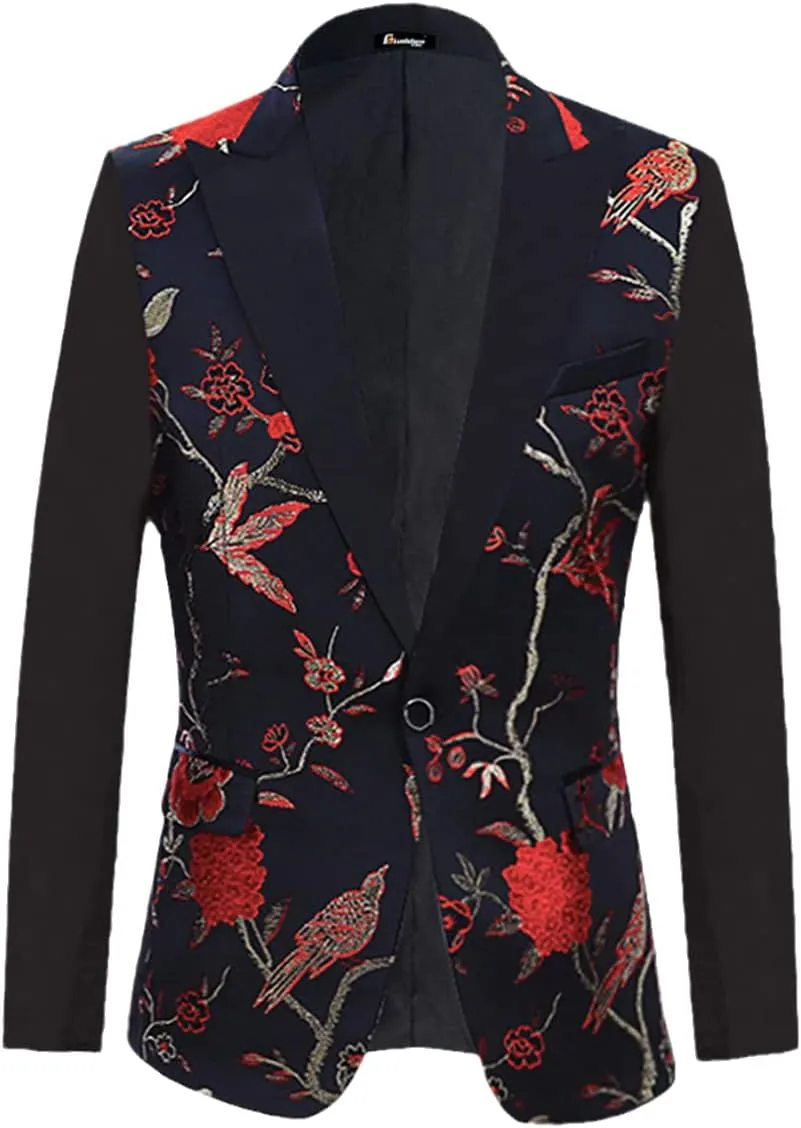 Floral Bird Embroidery Dress Blazers Men Slim Fit Tuxedo Suit Jacket Party Wedding Dinner