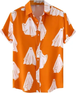 Ghost Print Shirt for Men Celebration Activities Clothing Short Sleeve Button Lapel Tops Summer Beach Tops Plus Size