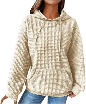 GOFULY Womens Hoodies Pullover Fall Waffle Knit Sweatshirt Winter Long Sleeve Shirts Solid Drawstring Hoodies With Pocket
