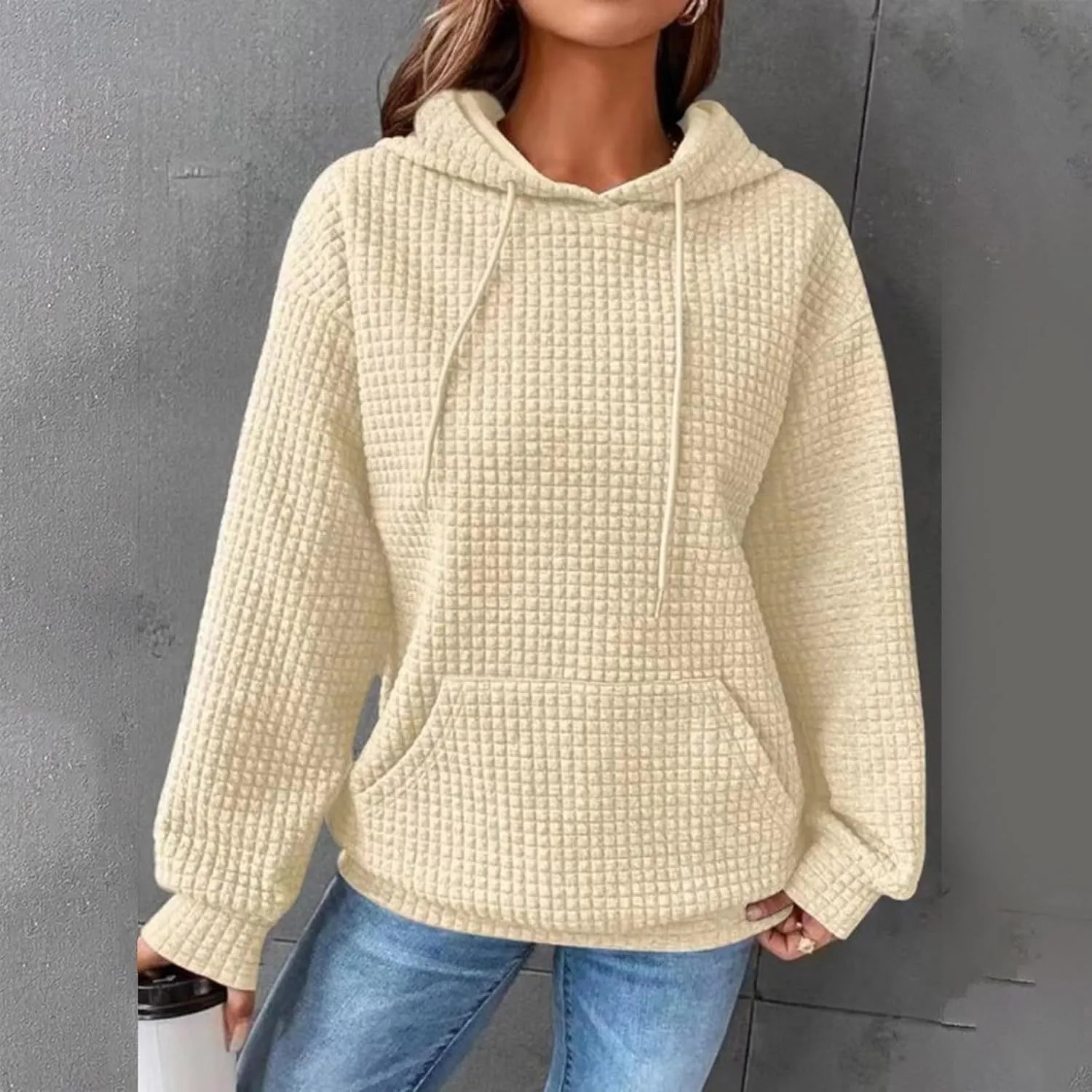 GOFULY Womens Hoodies Pullover Fall Waffle Knit Sweatshirt Winter Long Sleeve Shirts Solid Drawstring Hoodies With Pocket