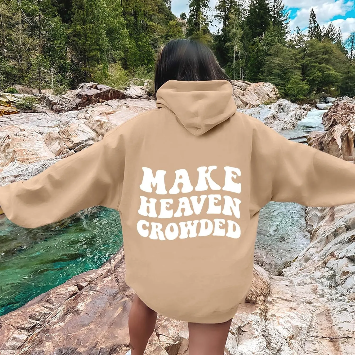 Graphic Hoodies Trendy Make Heaven Crowded Letter Printed Drawstring Long Sleeve Sweatshirt Fleece Hooded Sweatshirt Pullover