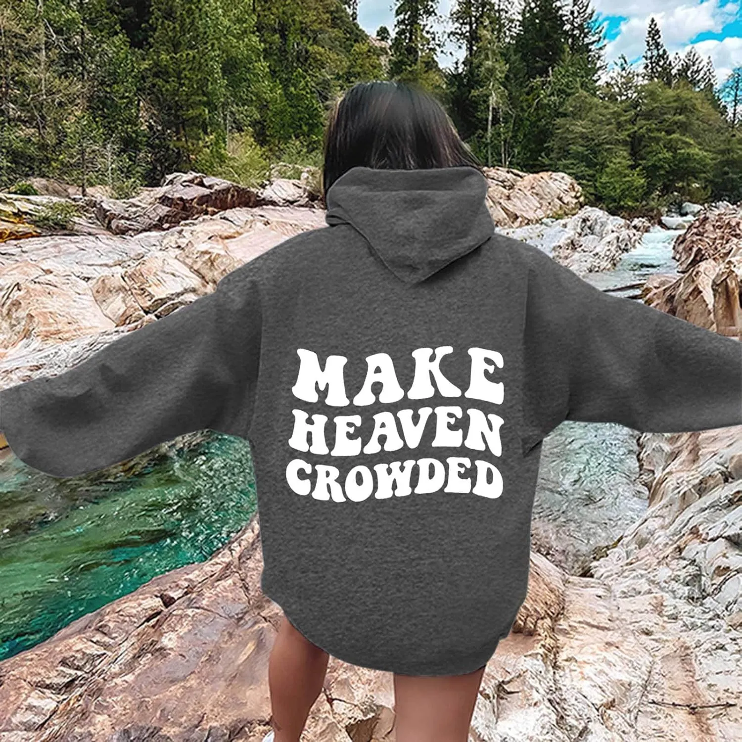 Graphic Hoodies Trendy Make Heaven Crowded Letter Printed Drawstring Long Sleeve Sweatshirt Fleece Hooded Sweatshirt Pullover