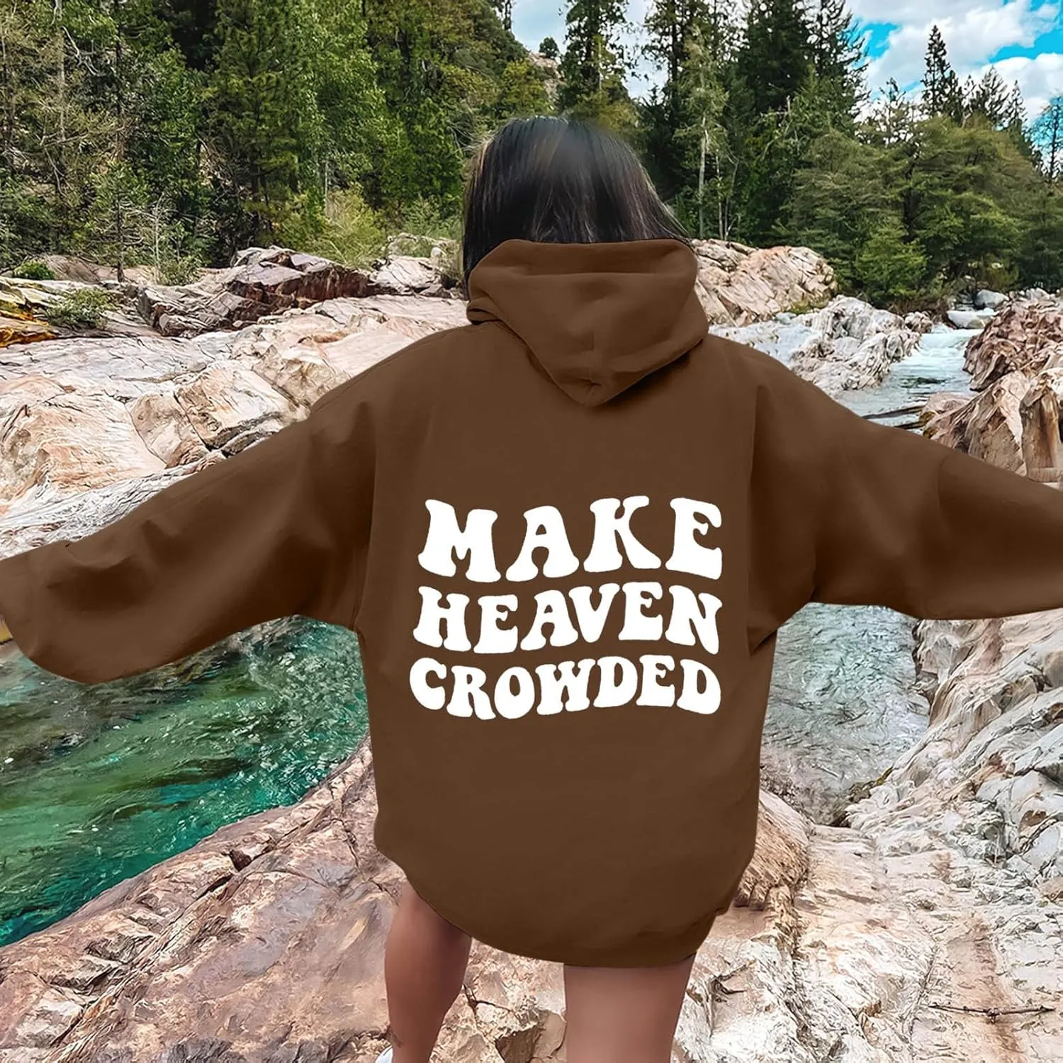 Graphic Hoodies Trendy Make Heaven Crowded Letter Printed Drawstring Long Sleeve Sweatshirt Fleece Hooded Sweatshirt Pullover