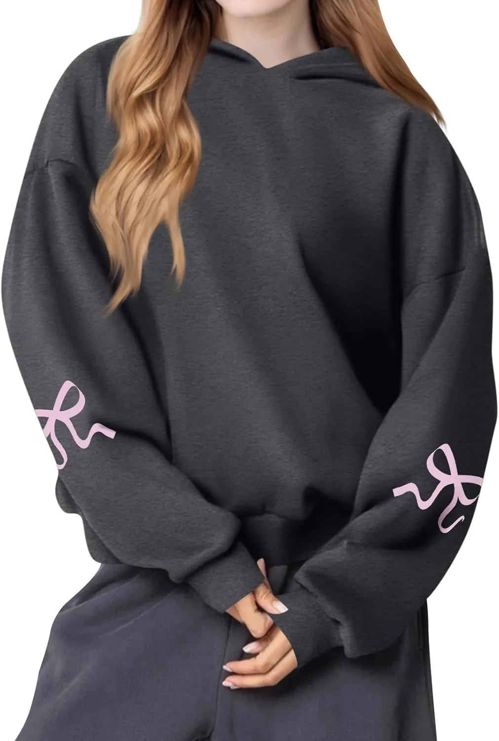 Gumipy Women Bow Print Hoodies Fun Graphic Fleece Oversized Hoodies Sweatshirt Trendy Long Sleeve Spring Hoodies Pullover