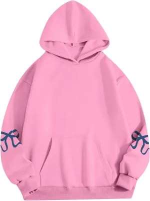 Gumipy Women Bow Print Hoodies Fun Graphic Fleece Oversized Hoodies Sweatshirt Trendy Long Sleeve Spring Hoodies Pullover