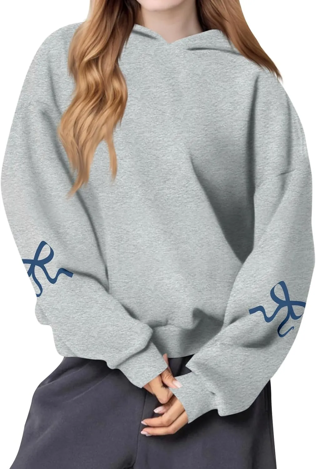 Gumipy Women Bow Print Hoodies Fun Graphic Fleece Oversized Hoodies Sweatshirt Trendy Long Sleeve Spring Hoodies Pullover