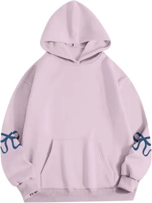 Gumipy Women Bow Print Hoodies Fun Graphic Fleece Oversized Hoodies Sweatshirt Trendy Long Sleeve Spring Hoodies Pullover