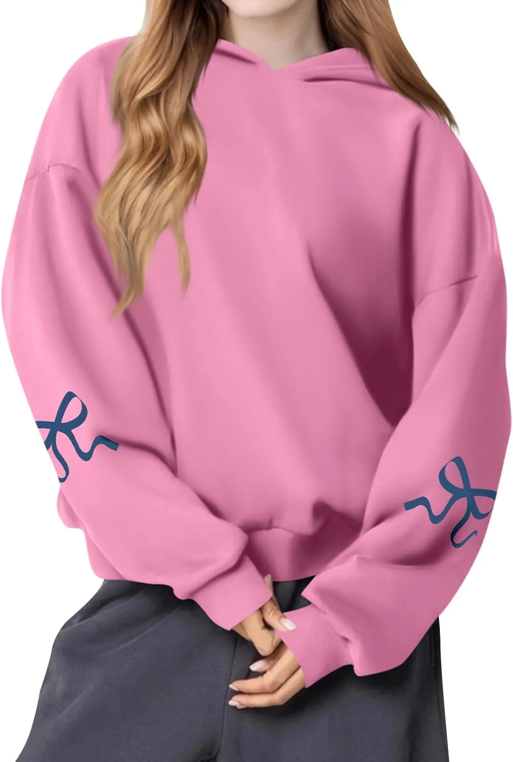Gumipy Women Bow Print Hoodies Fun Graphic Fleece Oversized Hoodies Sweatshirt Trendy Long Sleeve Spring Hoodies Pullover