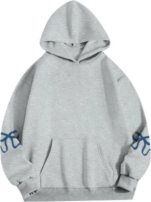 Gumipy Women Bow Print Hoodies Fun Graphic Fleece Oversized Hoodies Sweatshirt Trendy Long Sleeve Spring Hoodies Pullover
