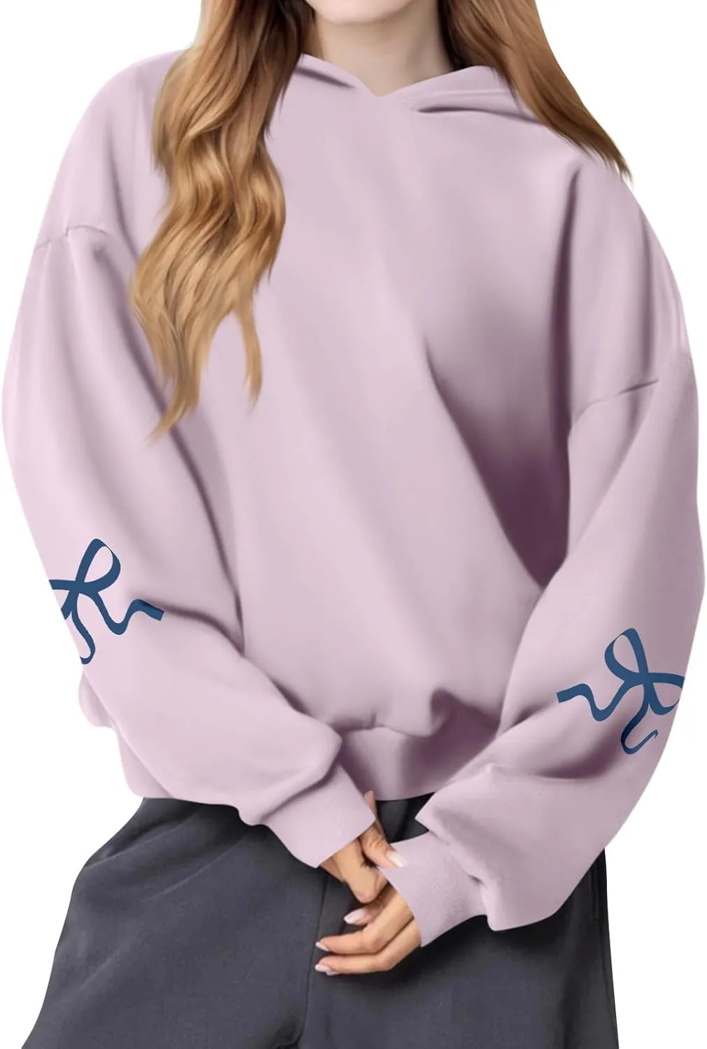 Gumipy Women Bow Print Hoodies Fun Graphic Fleece Oversized Hoodies Sweatshirt Trendy Long Sleeve Spring Hoodies Pullover