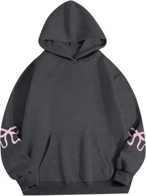 Gumipy Women Bow Print Hoodies Fun Graphic Fleece Oversized Hoodies Sweatshirt Trendy Long Sleeve Spring Hoodies Pullover