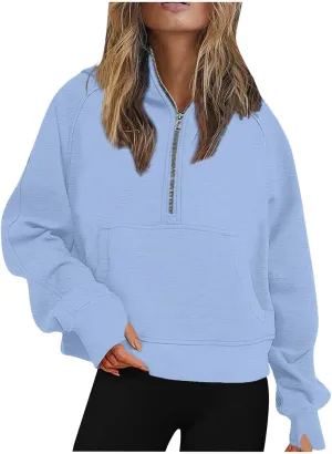 Half Zip Cropped Hoodies for Women Fleece Quarter Zip Pullover Oversized Sweatshirts with Thumb Hole 2024 Fall Clothes