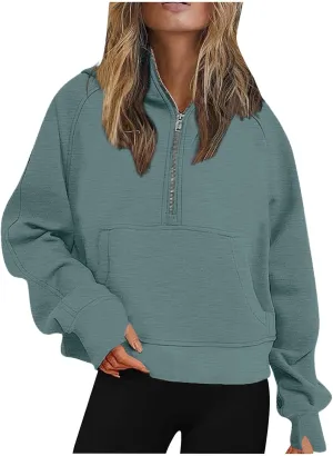 Half Zip Cropped Hoodies for Women Fleece Quarter Zip Pullover Oversized Sweatshirts with Thumb Hole 2024 Fall Clothes