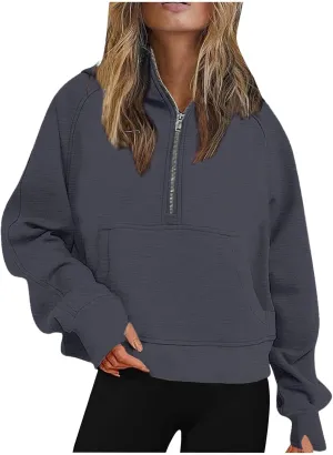 Half Zip Cropped Hoodies for Women Fleece Quarter Zip Pullover Oversized Sweatshirts with Thumb Hole 2024 Fall Clothes