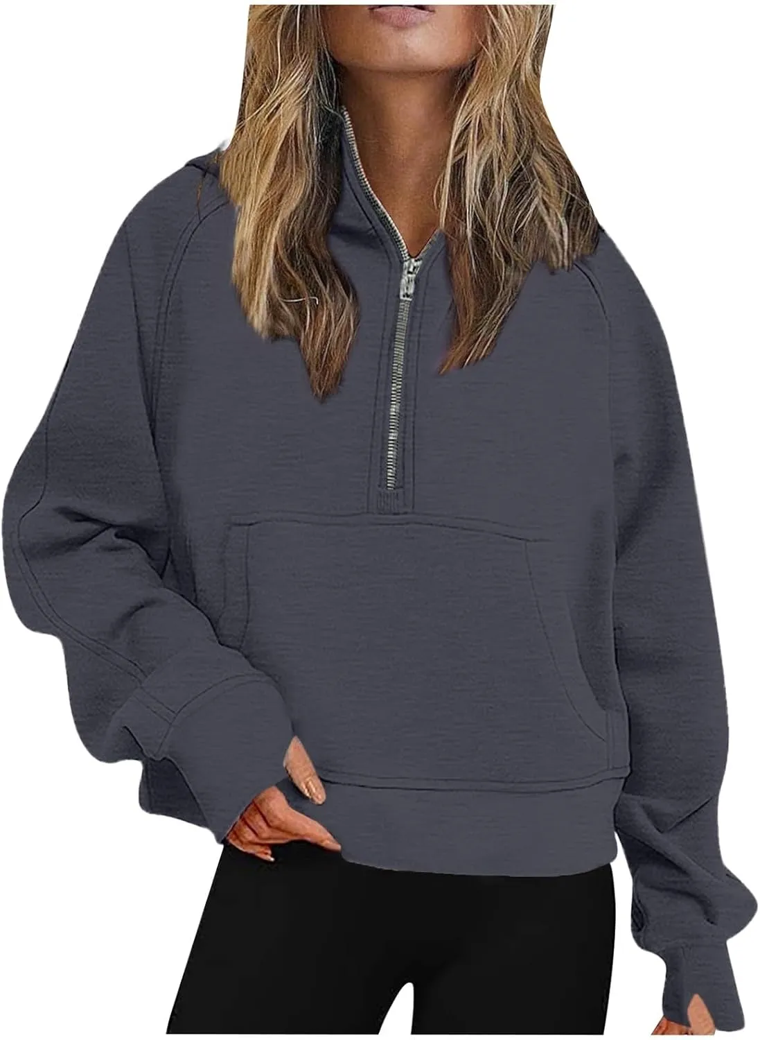 Half Zip Cropped Hoodies for Women Fleece Quarter Zip Pullover Oversized Sweatshirts with Thumb Hole 2024 Fall Clothes