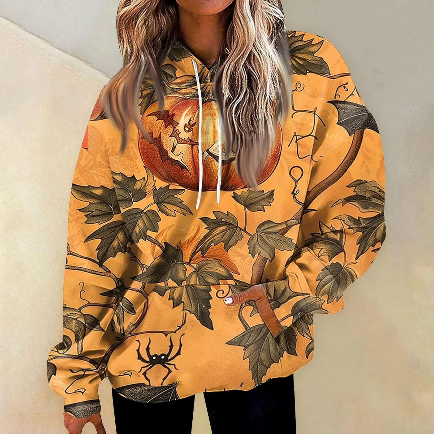 Halloween Hoodies for Women Trendy 2024 Halloween Printed Pullover Long Sleeve Drawstring Sweatshirts with Pocket