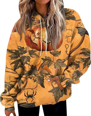 Halloween Hoodies for Women Trendy 2024 Halloween Printed Pullover Long Sleeve Drawstring Sweatshirts with Pocket