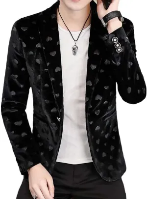 Heart Print Purple Blazer Men Slim Fit One Button Suit Jacket Male Casual Wedding Party Blazer