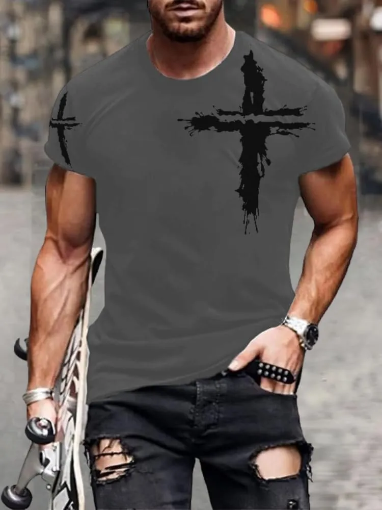 HOTYD Mens Graphic T-Shirts Jesus Cross Vintage Print Casual Faith T-Shirts Summer Short Sleeve Crew Neck Christian Tops