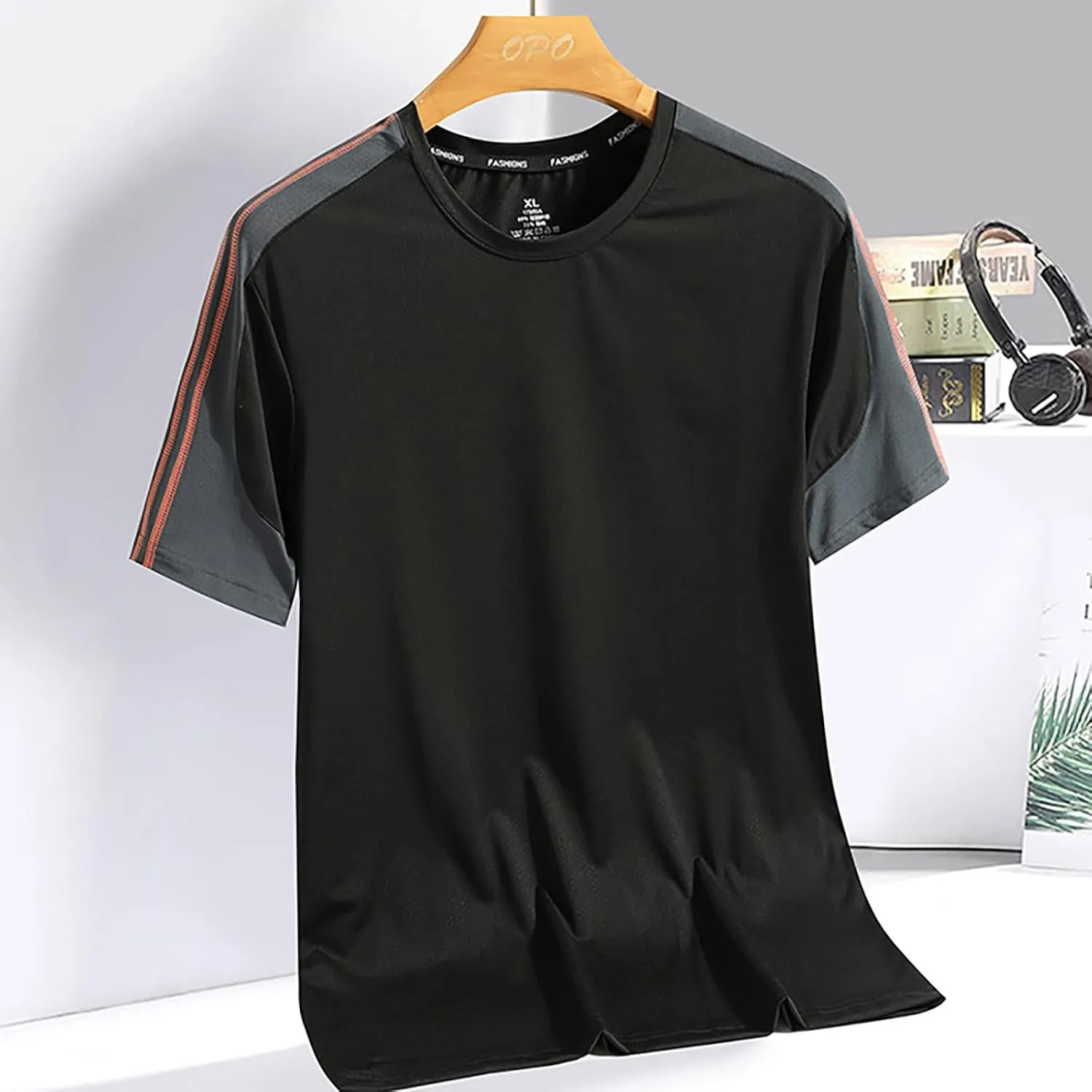 Ice Silk Quick Drying T Shirt Men's Summer Casual Thin Loose Trend Sports Patchwork Striped Men's T Shirts with