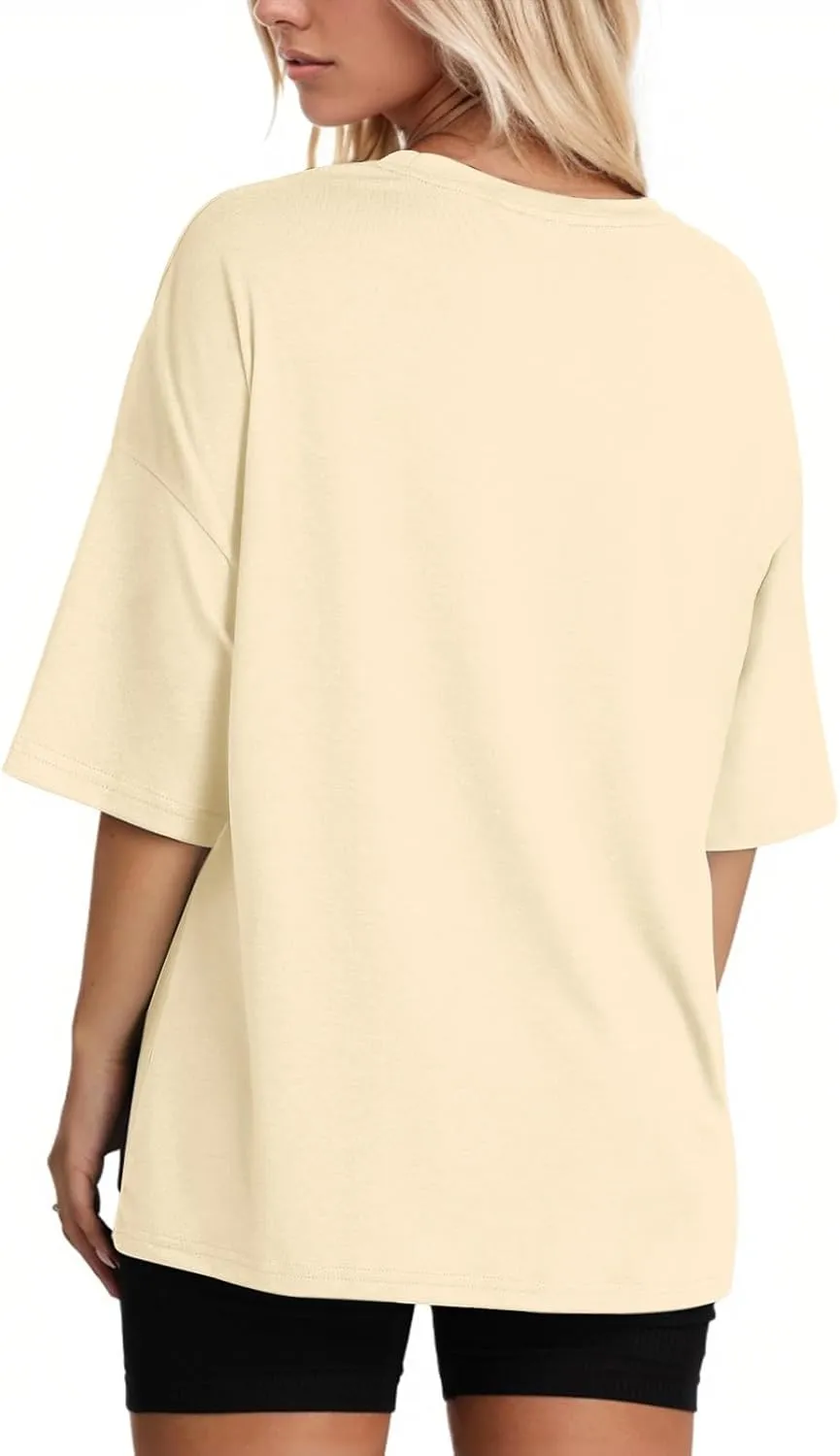 KEEVICI Oversized Workout T Shirts for Women Plain Baggy Tees Solid Tshirts Cotton Loose Fit Drop Shoulder Half Sleeve Tops