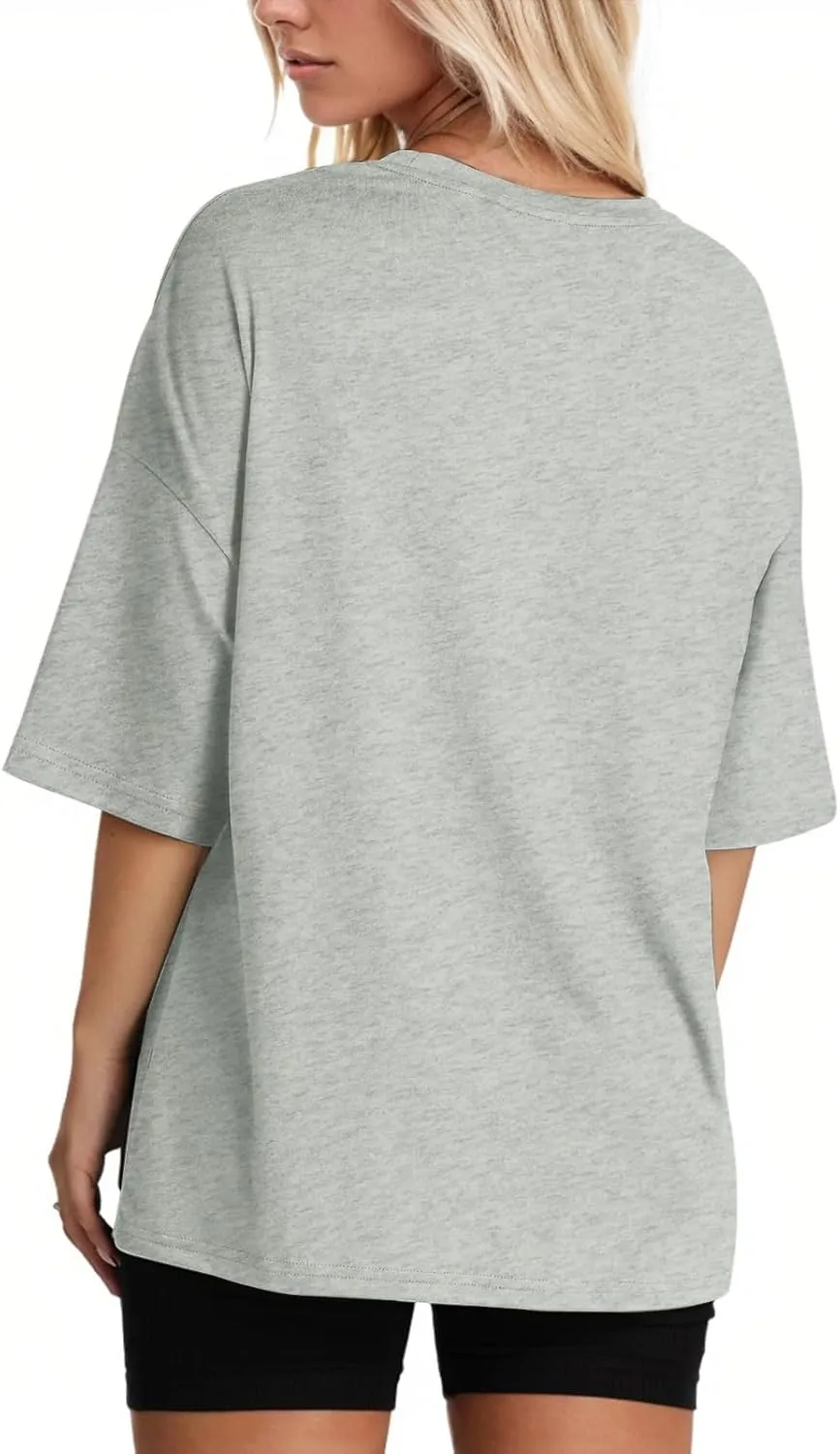 KEEVICI Oversized Workout T Shirts for Women Plain Baggy Tees Solid Tshirts Cotton Loose Fit Drop Shoulder Half Sleeve Tops