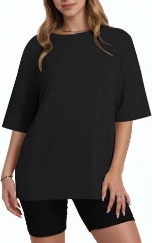 KEEVICI Oversized Workout T Shirts for Women Plain Baggy Tees Solid Tshirts Cotton Loose Fit Drop Shoulder Half Sleeve Tops