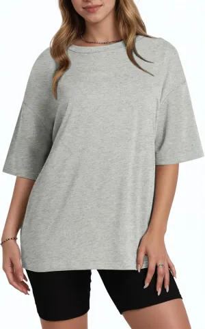 KEEVICI Oversized Workout T Shirts for Women Plain Baggy Tees Solid Tshirts Cotton Loose Fit Drop Shoulder Half Sleeve Tops