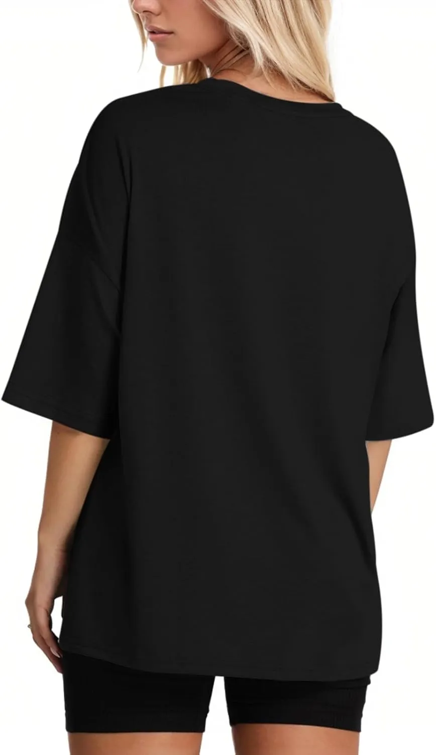 KEEVICI Oversized Workout T Shirts for Women Plain Baggy Tees Solid Tshirts Cotton Loose Fit Drop Shoulder Half Sleeve Tops