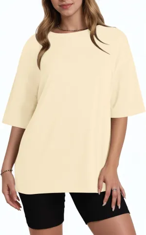 KEEVICI Oversized Workout T Shirts for Women Plain Baggy Tees Solid Tshirts Cotton Loose Fit Drop Shoulder Half Sleeve Tops